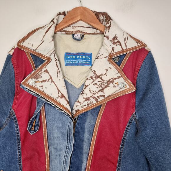 Vintage Bob Berg Denim Moto Western Jacket w/ Leather Trim S - Picture 2 of 10
